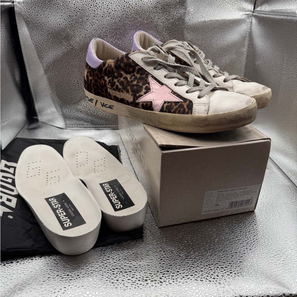 Golden goose leopard fur pink star and purple heal.